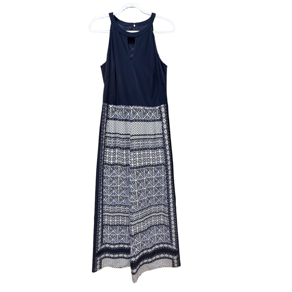 Vince Camuto High‎ Halter Neck Jumpsuit Navy Blue and White Flare Pants Size 12